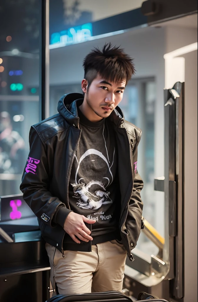 ((vaporwave aesthetics:1.2)), 35 year old asian man, standing under a blood moon, (mechanical demon horns), wearing a black cyberpunk jacket, (hotline miami), uzi sub-machine gun, bokeh, muscular, realistic, highly detailed, realistic eyes, intricate details, detailed background, depth of field