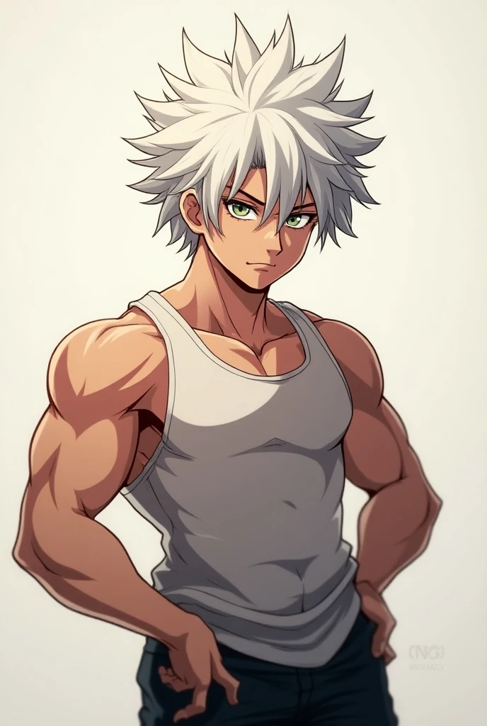 1 men, bonitas, spiky white hair, vibrant green eyes, slim , アニメ, 19yearsold, 19 years, a small black goatee , double katana, Tank top , demon slayer, Breath of the Sun, atacando com um poder de fogo chamado de Breath of the Sun(demon slayer アニメ).