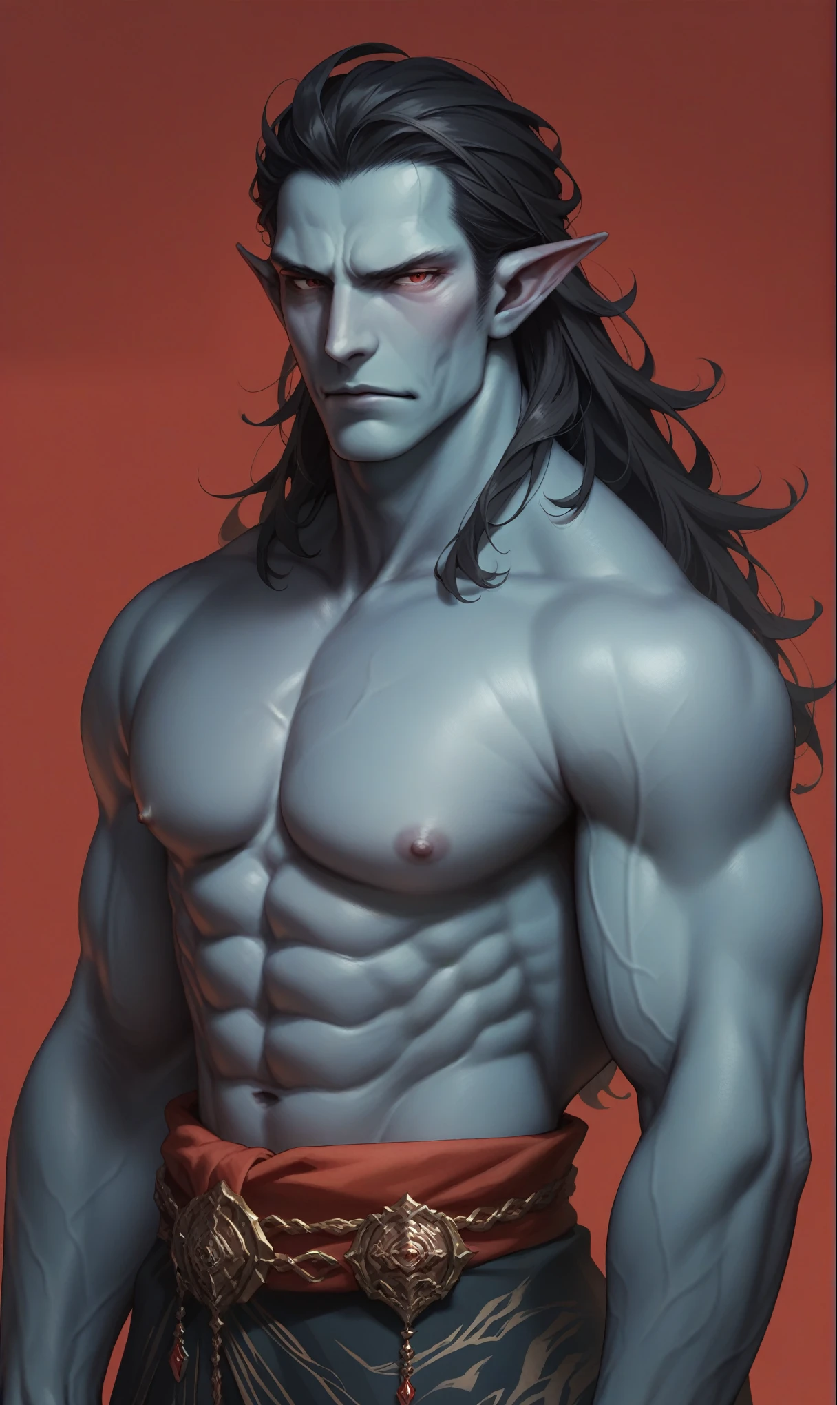 A handsome rakshasa of Indian mythology blue skin pointy ear long black hair shirtless muscular body  wearing red dhoti red background