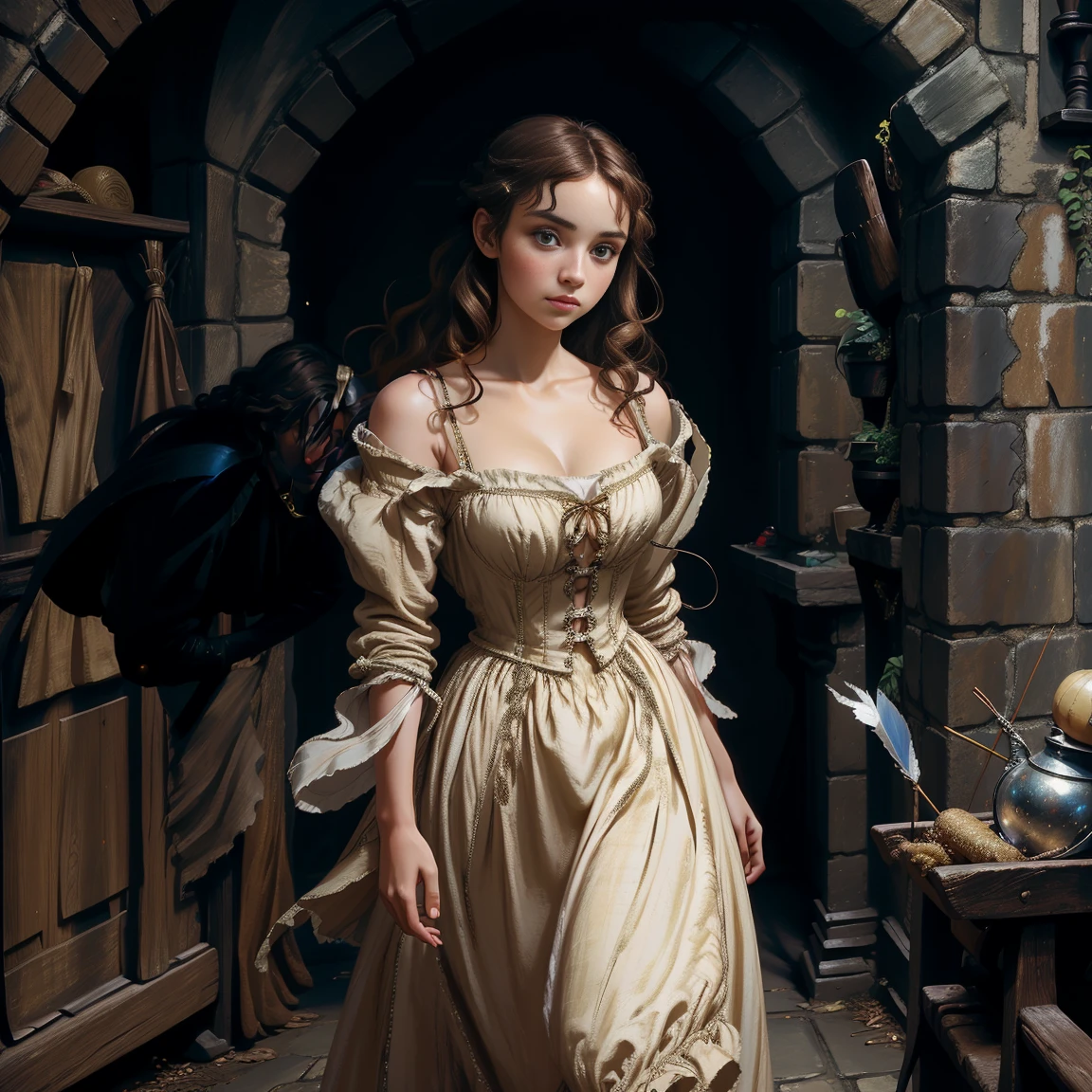 Young woman with a like face. elegant, sober. enigmatic look. Renaissance era. Beautiful dress, party dress, with neckline. Brown-haired woman, beautiful, wavy hair,  accompanied by an archer man, Adventurous. walks resolutely, along a medieval street