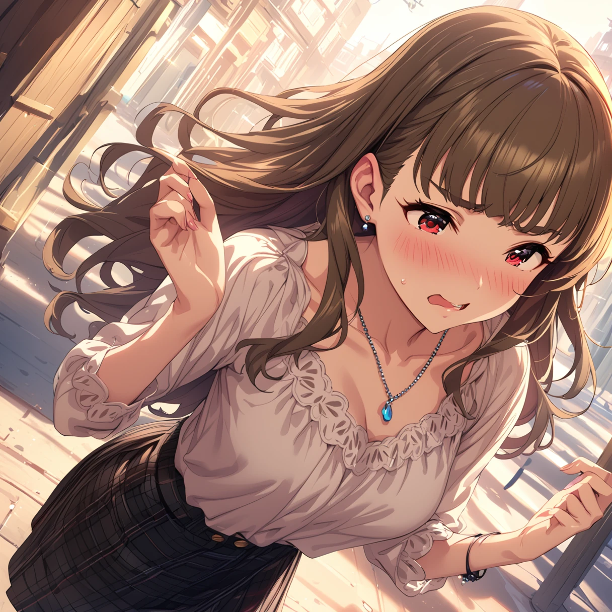 (masterpiece),( best quality),(Super detailed),(  Best Illustrations),( BEST SHADOW ),(Absurd),( detailed background),(  very aesthetic), Kamiya Nao ,  1 girl, Red eyes, Long Hair,  Jewelry , Brown Hair, Have, skirt, Alone, , necklace,  casual,Embarrassed,Embarrassing, (Perfect hands,  Perfect Anatomy)