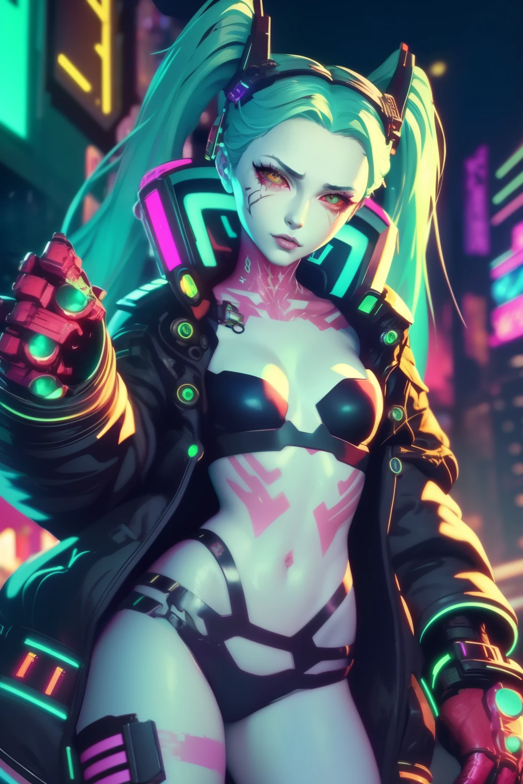 Rebecca, 1girl, young girl, 1 , futuristic cyberpunk, lewd grin, (twin tail, hairband, colored sclera, red sclera, green hair, green pupils, fang, red eyes, wearing a little sexy clothes, black croped jacket ), ((skinny body)) , (((two large gauntlets blue and red ))), cinematic, ultra highly detailed, beautiful details, vivid, saturated colors, filigree detailed, tiny details, pop surrealism, cowboy shot. hyper-realistic style, highly detailed textures, reflective and glossy surfaces, cinematic lighting, neon lights reflecting off her skin, urban cyberpunk cityscape in the background, (vivid colors), (high contrast), (sharp focus), (bokeh effect in the background), (moody atmosphere), (digital painting style), (masterpiece: 2), best quality, ultra highres, original, extremely detailed, perfect lighting. (((Abandoned cyberpunk background ))) 