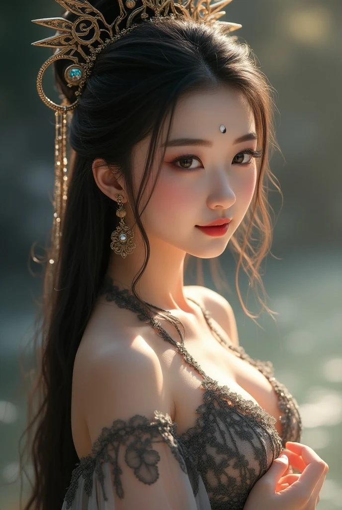((Best Quality, 8k, Masterpiece: 1.3)), Focus: 1.2, Perfect Body Beauty: 1.4, Buttocks: 1.2, ((Layered Haircut)), (Wet Clothes: 1.1), (Rain, Street:1.3), (Breasts: 1.2), (Hanfu: 1.2), Bare Shoulders, Bare Legs, Highly Detailed Face and Skin Texture, Fine Eyes, Double Eyelids, Whitened Skin, Long Hair, (Shut Up: 1.5), (Bokeh Background: 1.5), Big Breasts