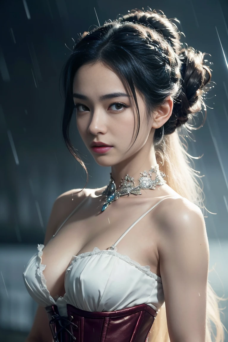 (Realistic:1.3, 16k, highest quality, masterpiece, Ultra-high resolution), ((snow, From below)), Perfect dynamic composition:1.2, (Shrine at night in a modern city, Expressions of sadness:0.9, Low angle shooting:0.9), Highly detailed skin and facial textures:1.2, Young woman getting wet in the rain, Fair skin, Sexy beauty, Incredibly slim body, beautifully、beautiful, Very beautiful face, Water droplets on the skin, (The rain drips down on my body, Wet body, Wet Hair), (Professional kimono dressing:0.5, Holding a bouquet of wet lilies, Wearing a wet silver kimono), (Shapely breasts,Chest gap), (Big eyes that exude beautiful eroticism:0.5, Lips that exude beautiful eroticism:0.5), necklace, Earrings, bracelet, wedding ring, Highly detailed and accurate hand and finger representation