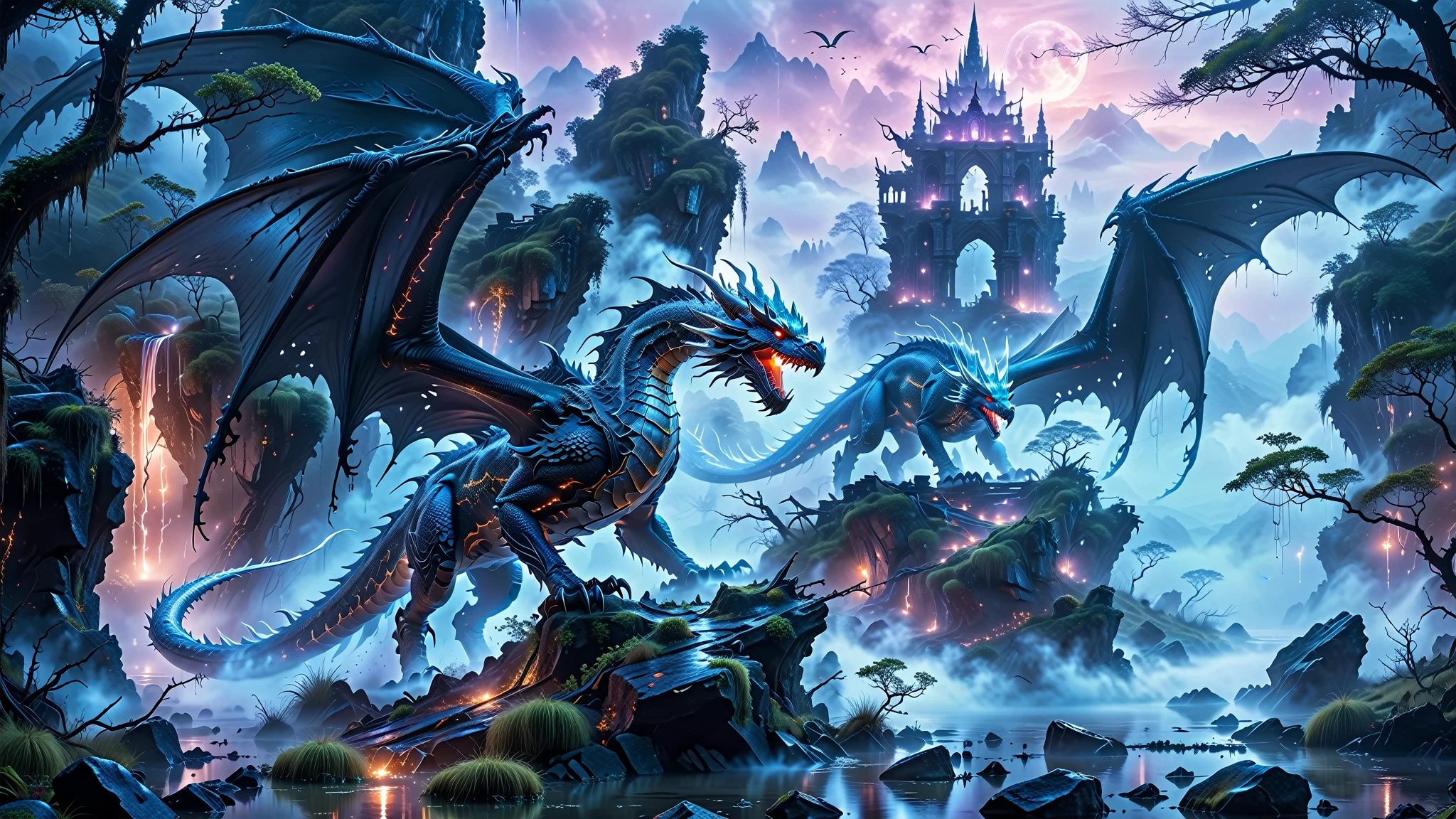 ﻿A Masterpiece In 32K Resolution, Supreme Quality, Super Detail, Official Art, Very High-Resolution 32K Wallpaper. Mysterious And Ethereal, Ultra-Detailed Features. A Majestic Wyvern With Luminescent Scales Glides Through The Fog, Its Form Flickering In And Out Of View, Creating A Haunting Contrast Against The Murky Swamps, Embodying The Spirit Of Enigmatic Realm. Endless Seas Of Fog-Covered Hills And Craggy Cliffs Stretch Across The Horizon, Drenched In Silvery Moonlight. Eerie Ruins With Towering Spires Loom In The Distance, Their Stones Glistening With Dew. Twisted Trees And Marshlands Form A Misty, Ghostly Landscape Where The Silence Is Broken Only By Distant Echoes.