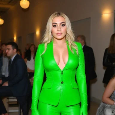 Charli XCX, Blonde, Leather Neon Green suit, strapless leather coat, detailed entire image, high quality entire image, pretty eyeliner, beautiful charli xcx, detailed charli xcx, HD Image, 4K image, Realistic Light, ray tracing entire image.