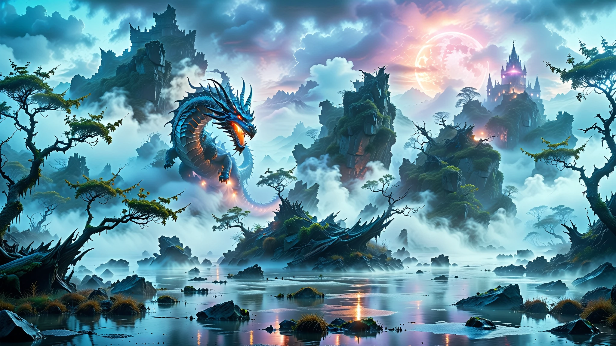 ﻿A Masterpiece In 32K Resolution, Supreme Quality, Super Detail, Official Art, Very High-Resolution 32K Wallpaper. Mysterious And Ethereal, Ultra-Detailed Features. A Majestic Wyvern With Luminescent Scales Glides Through The Fog, Its Form Flickering In And Out Of View, Creating A Haunting Contrast Against The Murky Swamps, Embodying The Spirit Of Enigmatic Realm. Endless Seas Of Fog-Covered Hills And Craggy Cliffs Stretch Across The Horizon, Drenched In Silvery Moonlight. Eerie Ruins With Towering Spires Loom In The Distance, Their Stones Glistening With Dew. Twisted Trees And Marshlands Form A Misty, Ghostly Landscape Where The Silence Is Broken Only By Distant Echoes.