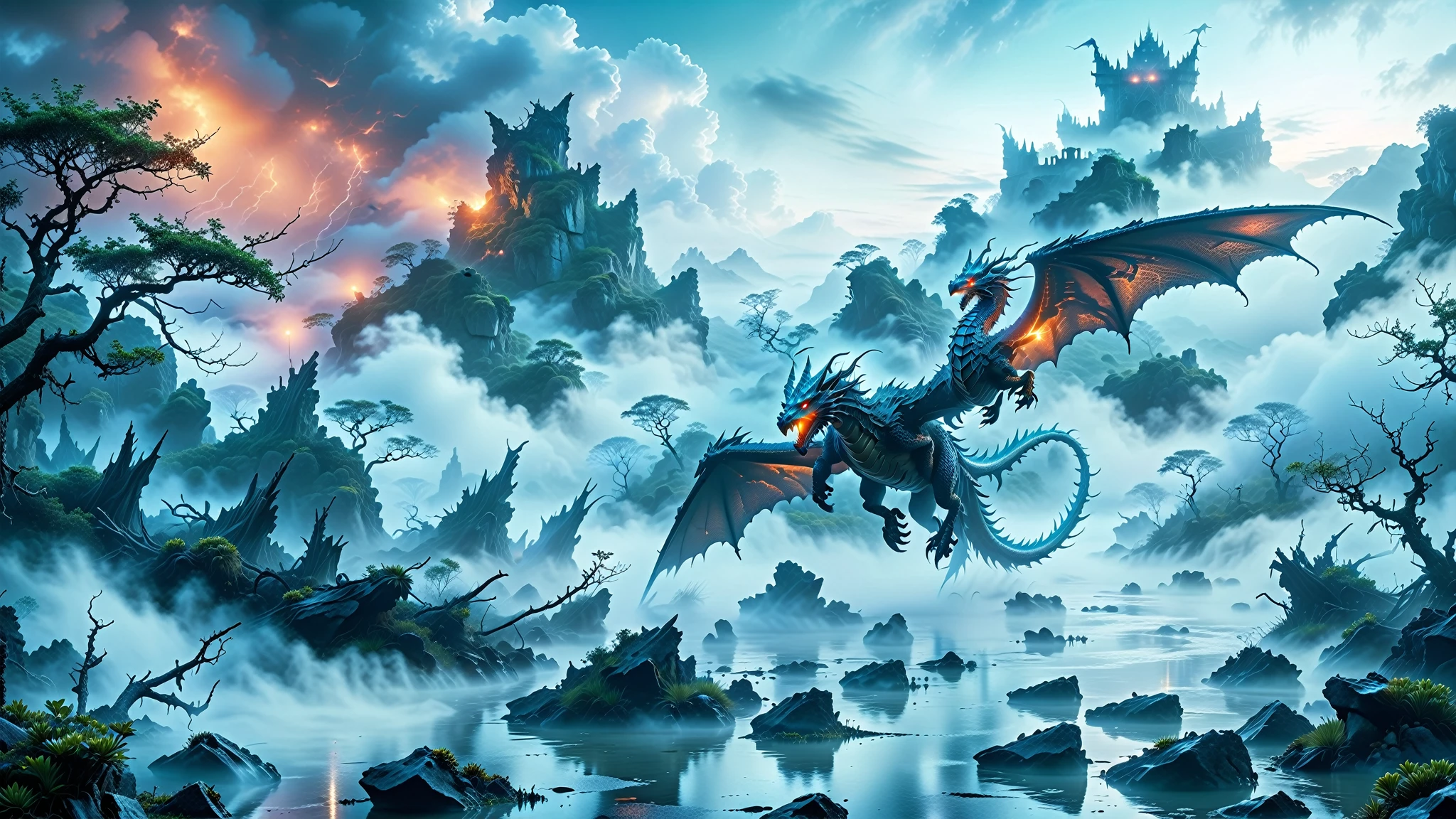 ﻿A Masterpiece In 32K Resolution, Supreme Quality, Super Detail, Official Art, Very High-Resolution 32K Wallpaper. Mysterious And Ethereal, Ultra-Detailed Features. A Majestic Wyvern With Luminescent Scales Glides Through The Fog, Its Form Flickering In And Out Of View, Creating A Haunting Contrast Against The Murky Swamps, Embodying The Spirit Of Enigmatic Realm. Endless Seas Of Fog-Covered Hills And Craggy Cliffs Stretch Across The Horizon, Drenched In Silvery Moonlight. Eerie Ruins With Towering Spires Loom In The Distance, Their Stones Glistening With Dew. Twisted Trees And Marshlands Form A Misty, Ghostly Landscape Where The Silence Is Broken Only By Distant Echoes.