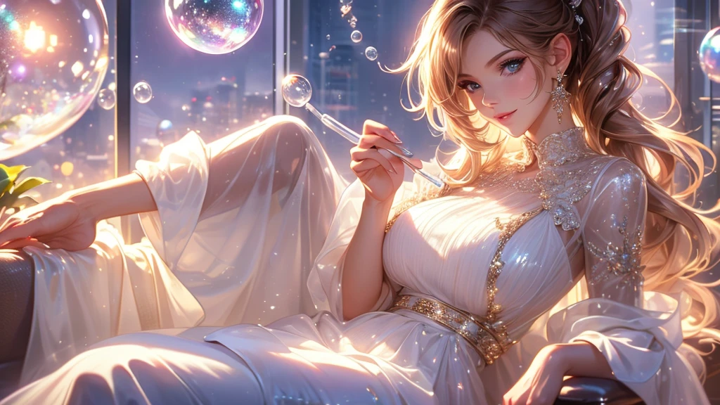 HD，8k，30 year old woman character, formal clothes，sitting confortably in a cozy modern living room, doing her manicure, zoomed out, full scene, full character,  a teen girl floating inside a huge transparent shiny bubble in foreground