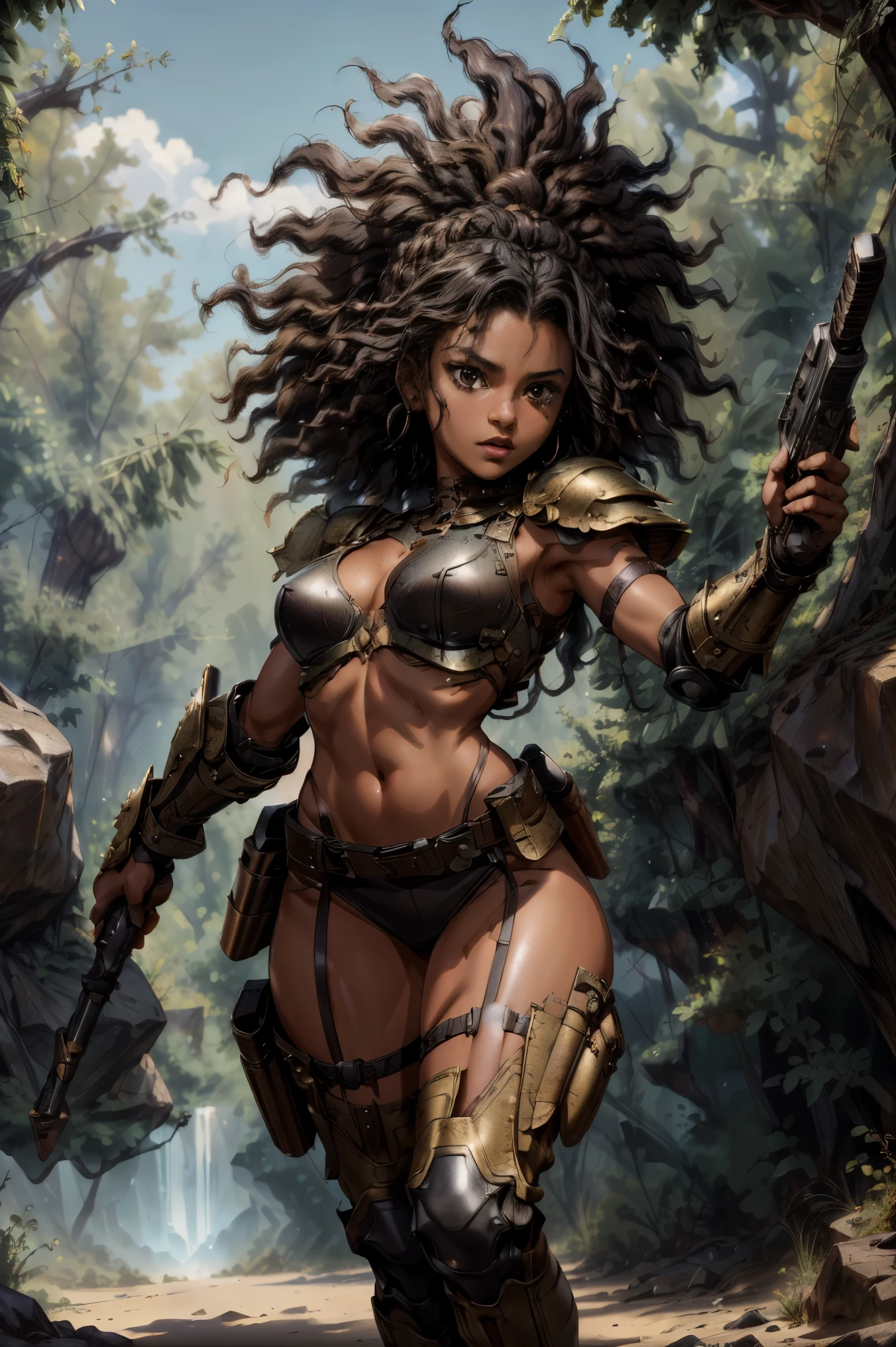(Best quality, 4k, 8K, high resolution, masterpiece: 1.2), sfw petite black girl, barbarian with curly hair, dreadlook hair, (sci-fi leather armor, full body) gun, desert background, wild environment, sharp focus, nature, action pose, confident expression, natural texture,