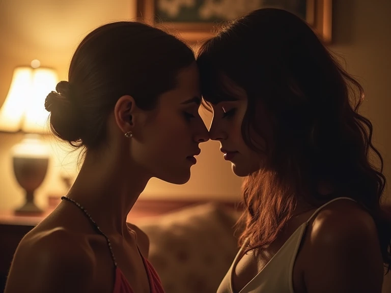 a close up of a woman kissing a woman in a room, netflix, kissing together cutely, kissing, kissing, romantic!!!, high quality film still, kissing together, the kiss, ❤🔥🍄🌪, beautiful, they are in love, hot, kiss, romance, movie, instagram photo, beautiful gorgeous