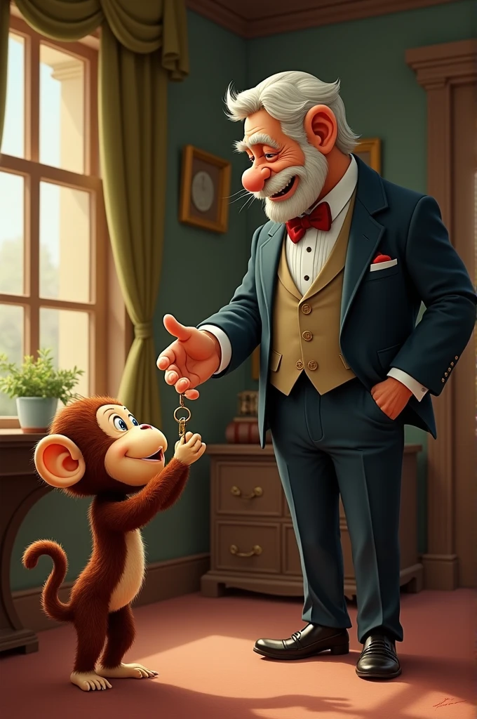 Cartoon illustration of an elegant magician with a playing card in his hat hugging a grey mouse in love