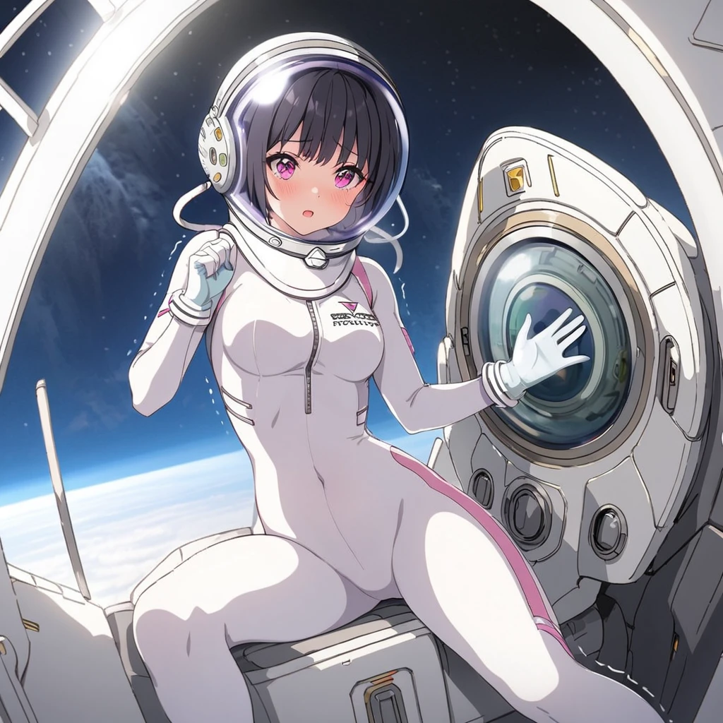 1人of女of子,Alone,short hair,(Space Suit:1.15), Black Hair Space Helmet ,whole body, indoor, masterpiece of the highest quality,  trembling, difficulty breathing, bodysuit,Lumine ,  Bubble Helmets , short hair,  backpack,gloves,blush,internal (cockpit) of (Futuristic spaceship:1.6), Sitting on narraw futuristic spacecraft cockpit seat, Covered navel, short hair