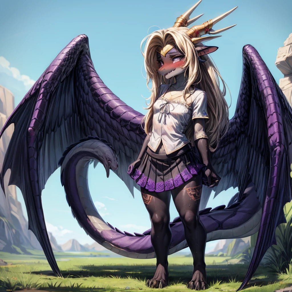  Teenage dragon girl standing alone  ,      black body with flaky purple add high definition_Detail:1,   black and purple scales     ,   tribal tattoo add_Detail,    long snake tongue add   _Detail:  1 standing on a green field  , sexy girl ,    girl with a sweaty body   ,   blushing face , shy, sexy girl, blouse, mini skirt, dragon wings,  legs with dragon claws ,  showing off her full body,  long thin tail with scales 