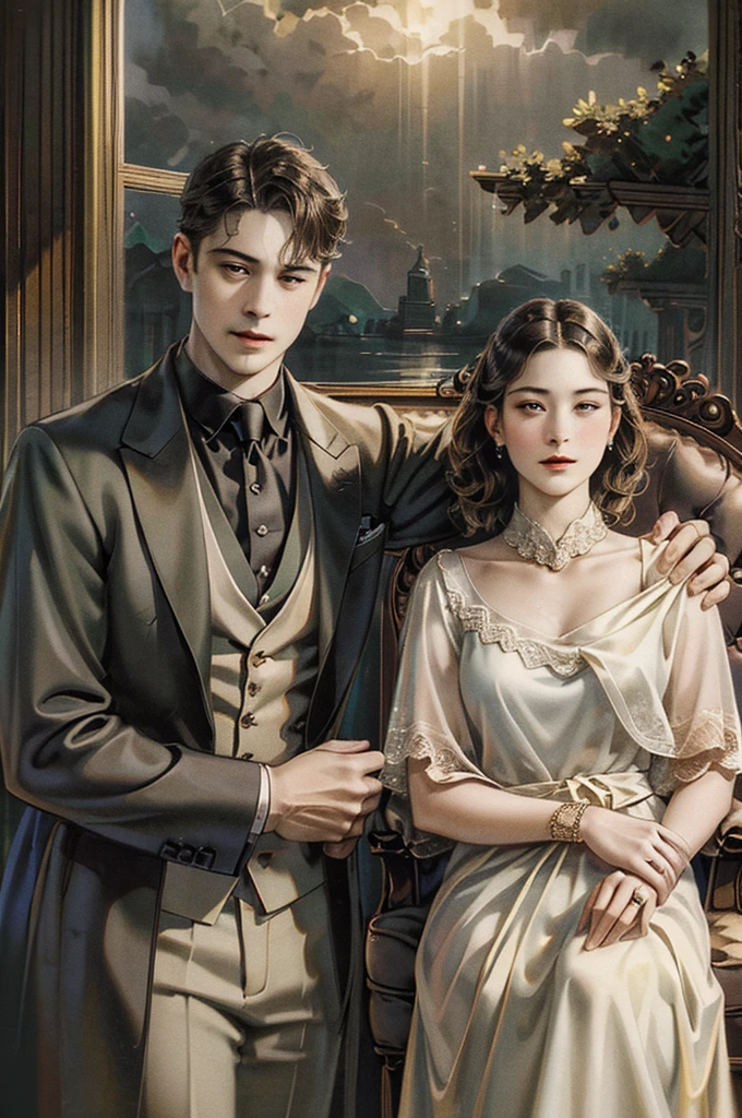 Family portrait, brown hair, fair skin, wearing formal attire,  (best quality,4k,8k,highres,masterpiece:1.2),ultra-detailed,(realistic,photorealistic,photo-realistic:1.37),hyperrealistic,dramatic lighting,cinematic composition,chiaroscuro,muted color palette,moody atmosphere