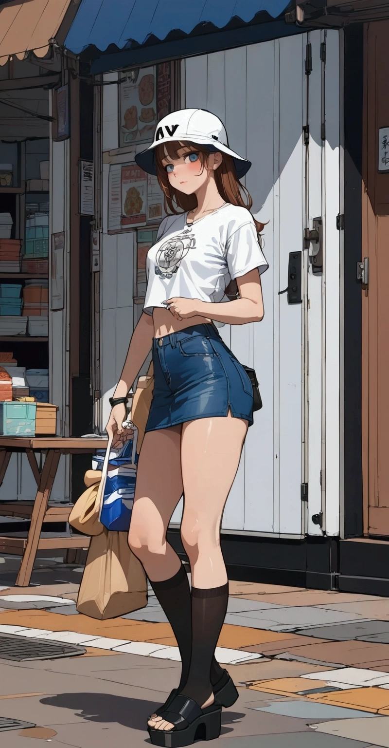 beautiful woman, walking at Pattaya street, shops along the road, she is in brown long hair, wears blue and white striped crop top, light-blue denim pencil , black socks, black platform shoes, black bucket hat, BREAK, ((masterpiece:1.2), (best quality:1.2), (very aesthetic:1.2), (absurdres:1.2), (detailed background),intricate details, newest, sfw, (1girl, solo, full body, front view, looking at viewer), (japanese anime style), (expressive eyes, perfect face, perfect )