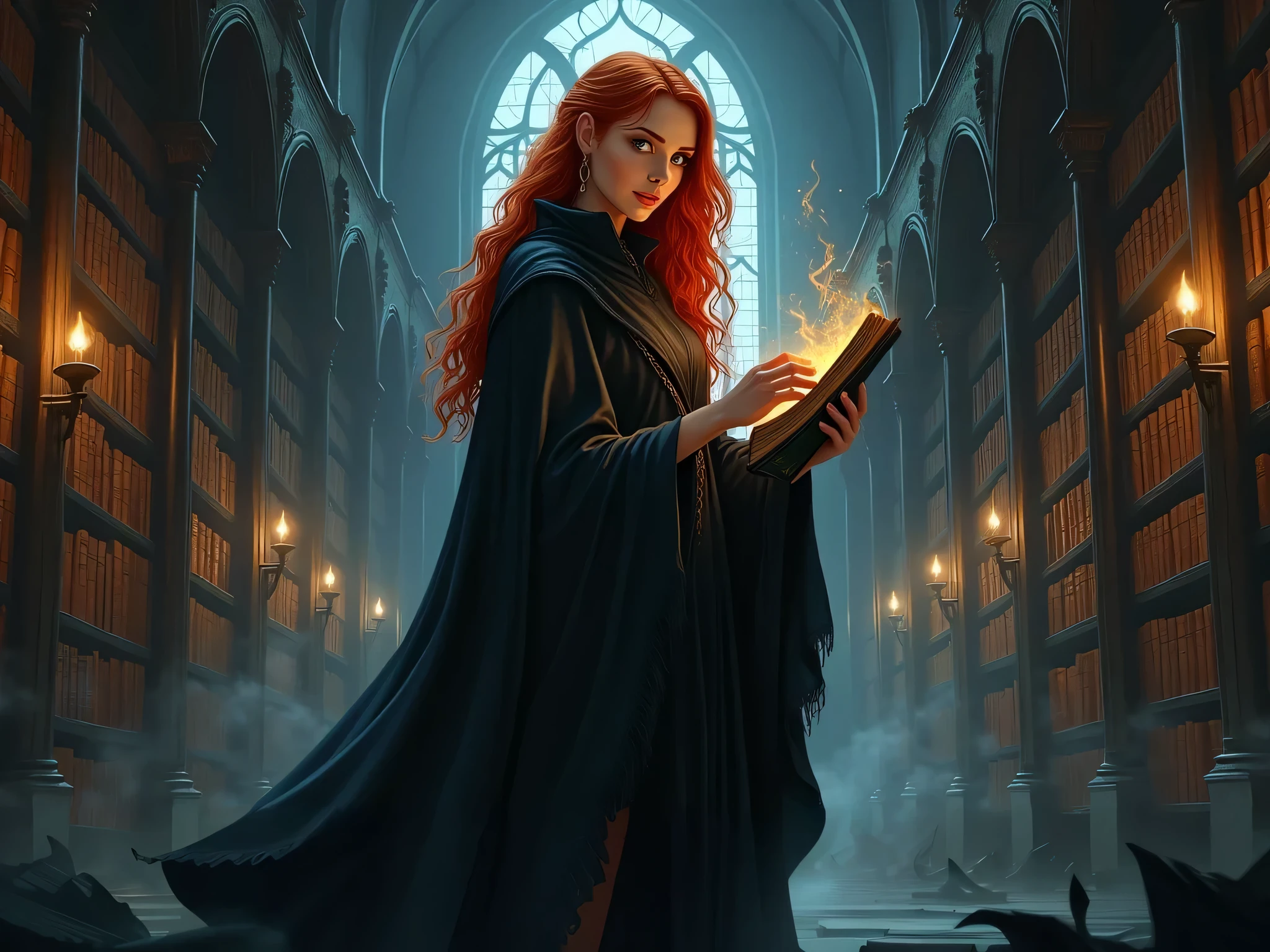high details, best quality, 16k, [ultra detailed], masterpiece, best quality, (extremely detailed), full body, ultra wide shot, julie bell style (ultra details, Masterpiece, best quality), fantasy art, dnd art,fantasy art, realistic art, a sorceress casting a WitchcraftPunkAI spell in magical library (ultra details, Masterpiece, best quality), exquisite beautiful human woman (ultra details, Masterpiece, best quality), red hair, long hair, (long black dress: 1.2), (white cloak: 1.3), high heeled boots (ultra details, Masterpiece, best quality) WitchcraftPunkAI