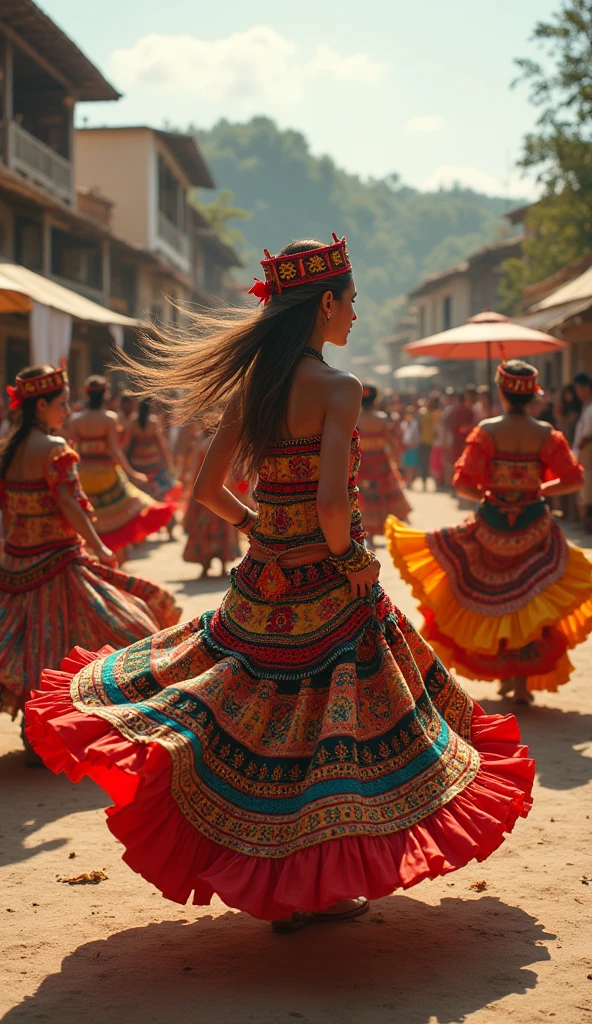 Community Ritual Dance A vibrant dance ritual in a village square, with participants in ...
