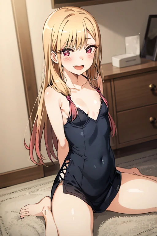 ((Best Quality)), ((masterpiece)), (be familiar with),  perfect face, indoor, bedroom,  watching viewers,
One woman, Kitagawa Marin,
Open Mouth, Ecstatic expression, blush, smile,
Small breasts,  flat chest, , , , Girl,
Long Hair,  long hair,
Leg spread,