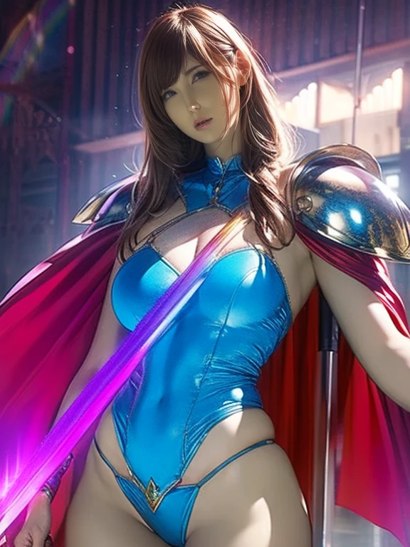  (8k), ( Redeem: 1.2), (Realistic), (Realistic: 1.37),  super high definition , 1 person, cute, smile,  beautiful details, narrow, (Large Breasts), RAINBOW CAPE , Rainbow Sword,  MARINE BLUE HEAVY ARMOR  ,  transparent  ,  SEXY MUSCULAR WOMAN BODY, whole body.length, Thin legs、Glowing Sword、whole body、 floating in the air  