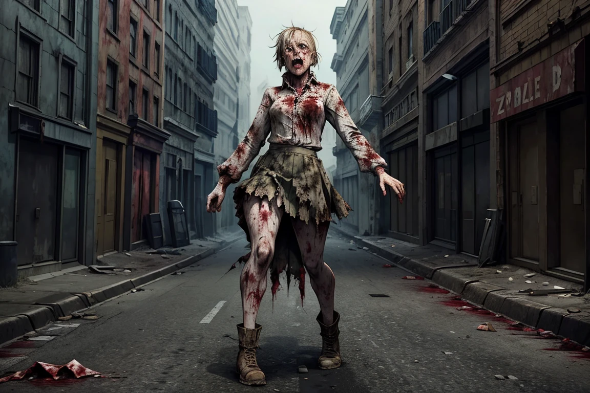 a woman with bloody face is walking, wearing skirt, abandoned city background, zombie in horror concept art, 7 days to die zombie, full body woman, full body photos, female full body, scary pose, zombie arms stretched out in front, beautiful zombie, zombie, scary pose, full body photo, undead. highly detailed, women full body