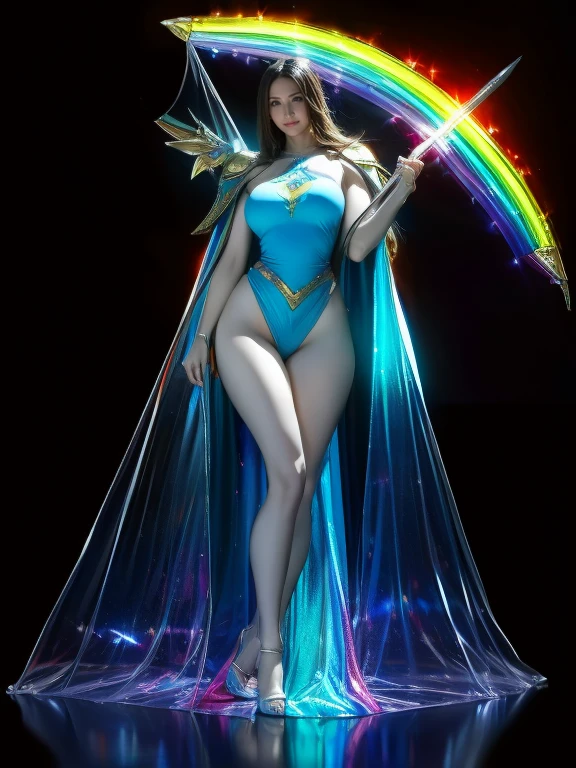  (8k), ( Redeem: 1.2), (Realistic), (Realistic: 1.37),  super high definition , 1 person, cute, smile,  beautiful details, narrow, (Large Breasts), RAINBOW CAPE , Rainbow Sword,  MARINE BLUE HEAVY ARMOR  ,  transparent  ,  SEXY MUSCULAR WOMAN BODY, whole body.length, Thin legs、Glowing Sword、whole body、 floating in the air  