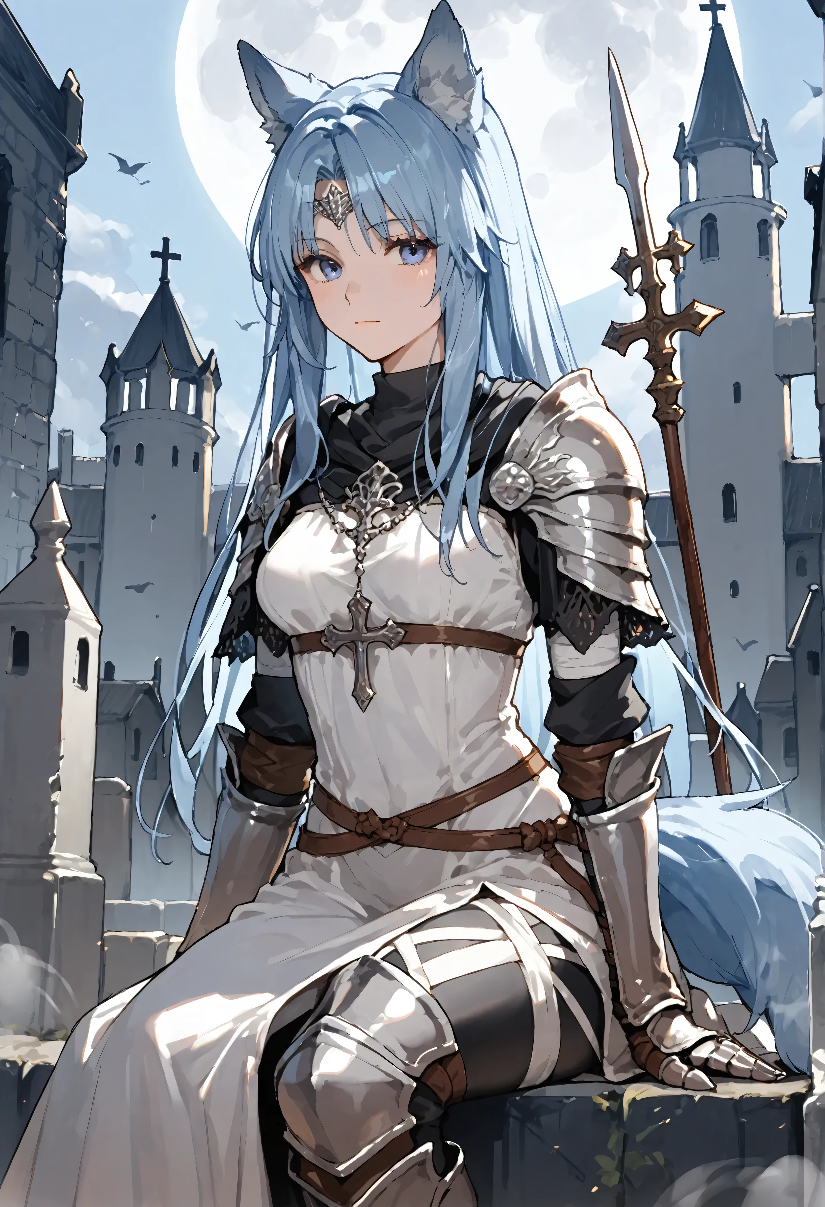 score_9, score_8_up, score_7_up,score_6_up, source_anime, rating_safe, Dark-Souls, solo, 1girl, long-dress, white-dress, blue-hair, leggings, elbow-gloves, medium-breasts, hair-tubes, castle-town, skyline, armored-boots, gauntlets, leggings, long-hair, fog, misty-horizon, wolf-tail, wolf-ears, full-moon, windy, cemetery, cross-symbol, sitting-on-rock, planted-spear,