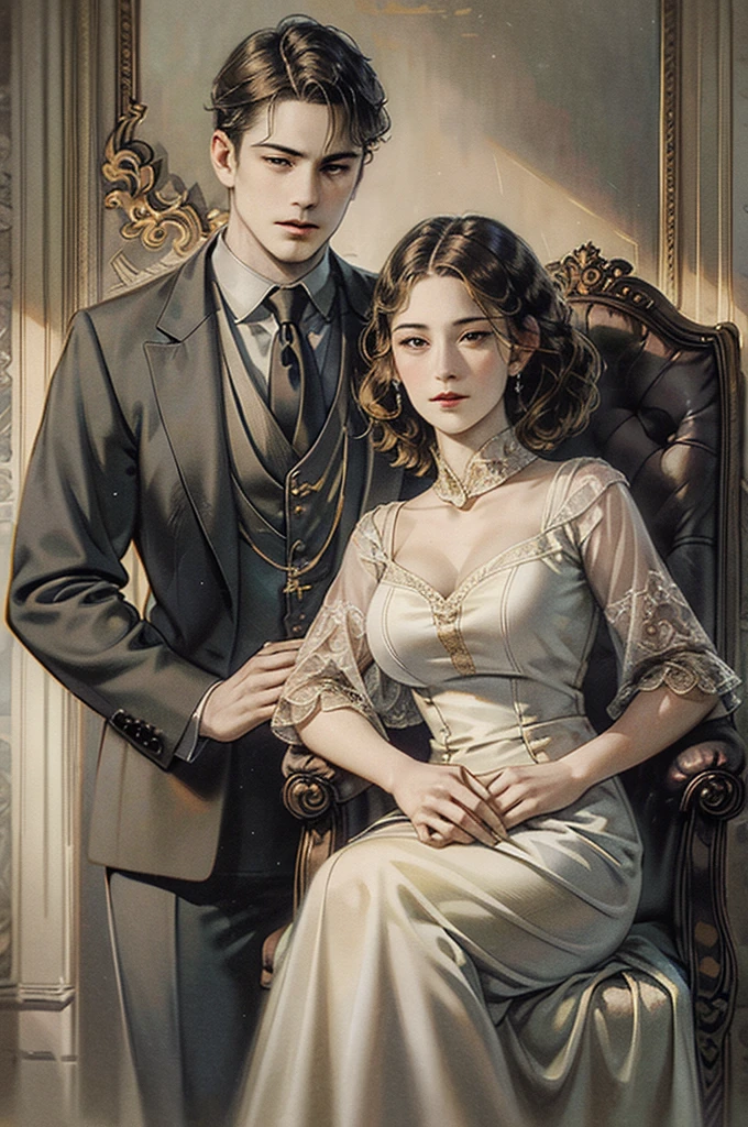 Family portrait, 2 parents, 3 s, light brown hair, fair skin, wearing formal attire,  (best quality,4k,8k,highres,masterpiece:1.2),ultra-detailed,(realistic,photorealistic,photo-realistic:1.37),hyperrealistic,dramatic lighting,cinematic composition,chiaroscuro,muted color palette,moody atmosphere