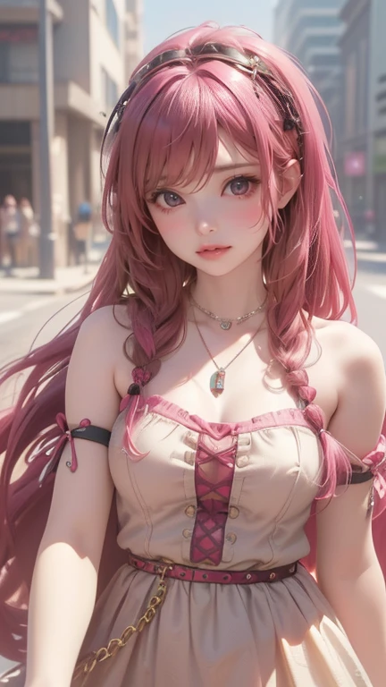 masterpiece, best quality, highly detailed, high resolution, expensive resolution, high resolution, 4k, 8k, uniform 8k wallpaper, highly detailed CG, masterpiece, 2d, 3d, beautiful details, depth, fine texture, best quality: 1.3, perfectly focused, sharp. skin, him, very cute anime girl, cute 20s girl in idol outfit, big boobs, pink medium long hair in expensive clothes, mole under eye, looking at the viewer, expensive, blush, mole, open lips, pink eyes, smiling heart shaped choker, dome concert