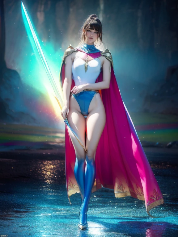  (8k), ( Redeem: 1.2), (Realistic), (Realistic: 1.37),  super high definition , 1 person, cute, smile,  beautiful details, narrow, (Large Breasts), RAINBOW CAPE , Rainbow Sword,  MARINE BLUE HEAVY ARMOR  ,  transparent  ,  SEXY MUSCULAR WOMAN BODY, whole body.length, Thin legs、Glowing Sword、whole body、 floating in the air  