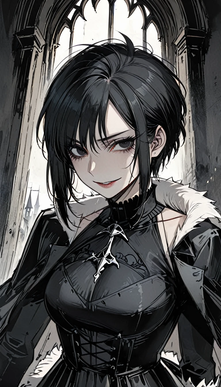 (ultra details, Masterpiece, best quality), ((masterpiece, best quality)), (illustration), (detailedLight), ((Extremely exquisite and beautiful)), score_9, score_8_up, score_7_up, mature woman, lithe woman, black hair, pale skin, black eyes, smirk, short hair, black overcoat, ((black coat)) ((black fur trim)), ((fur trim at the neck)), ((fur trim at the cloack)), black gloves, elegant boots, black fur cloack around shoulders, armored dress, elegant, ((gothic horror)), ((horror)), ((bloodborne)), Perfect Hands, ((gothic castle interior)), Gothic aesthetics, 