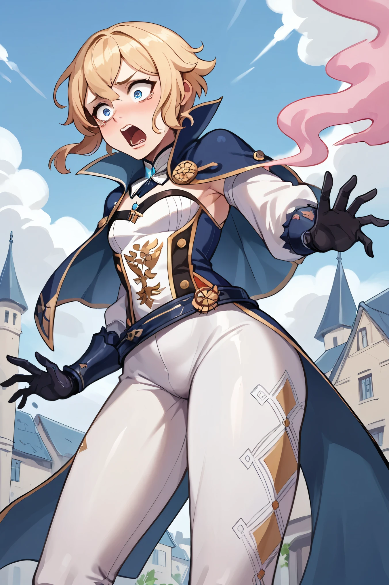 score_9, score_8_up, score_7_up, 1boy, solo, male focus, (male:1.5), androgynous, jean \(genshin impact\), jean def, blue eyes, blonde hair, short hair, black gloves,detached collar,blue capelet, tight pants, standing, shocked, screaming, shaking, mist, ((pink smoke)), looking down, fantasy city, white buildings, medieval city,