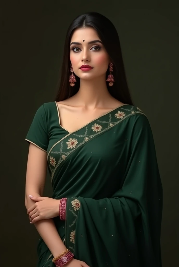 A girl is with saree black border green colour full body displayed half naked