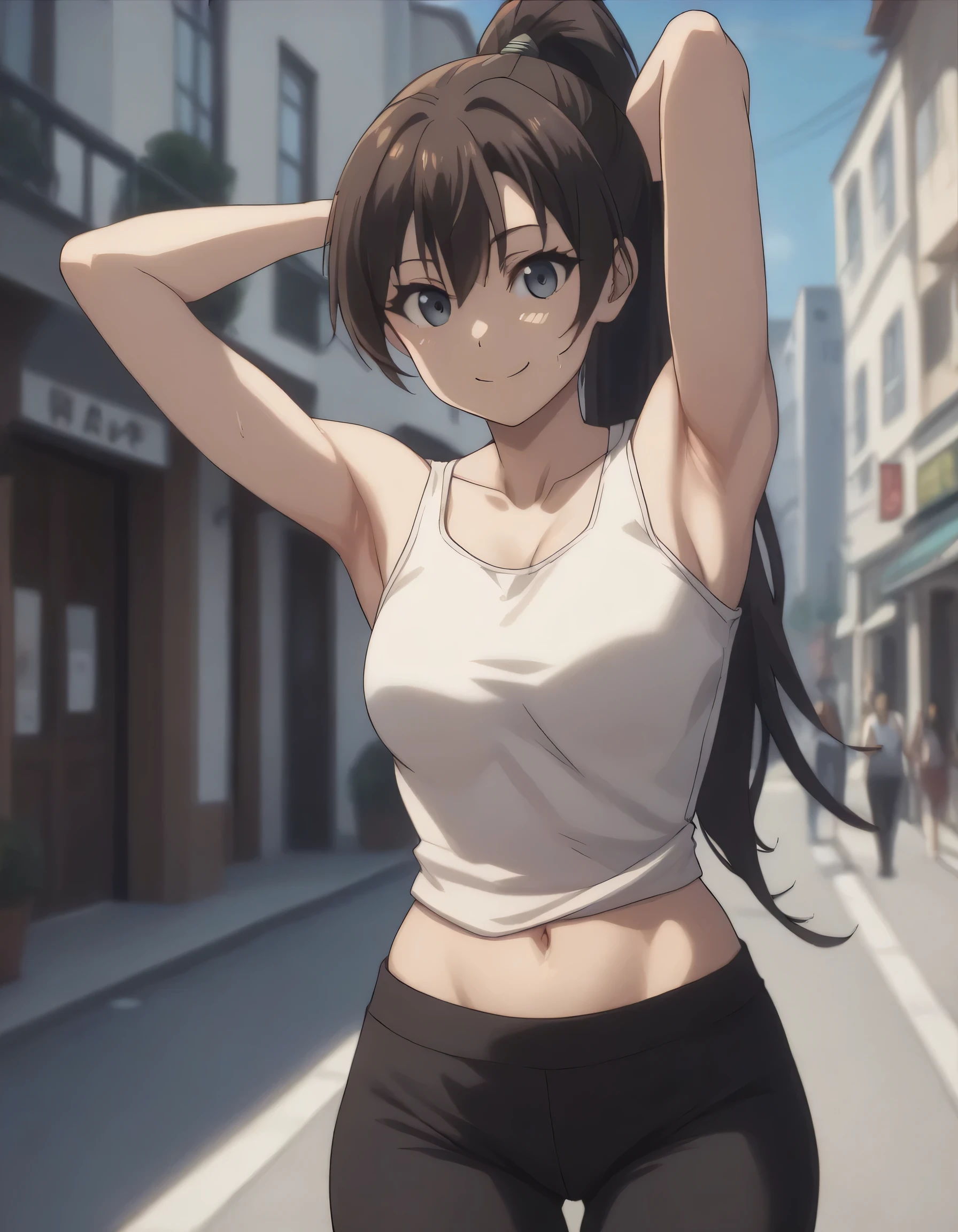 score_9, score_8_up, score_7_up, gsfghtr, ponytail, white tank top, 1girl, smile, (navel), black pants, building, (armpit), (thigh)