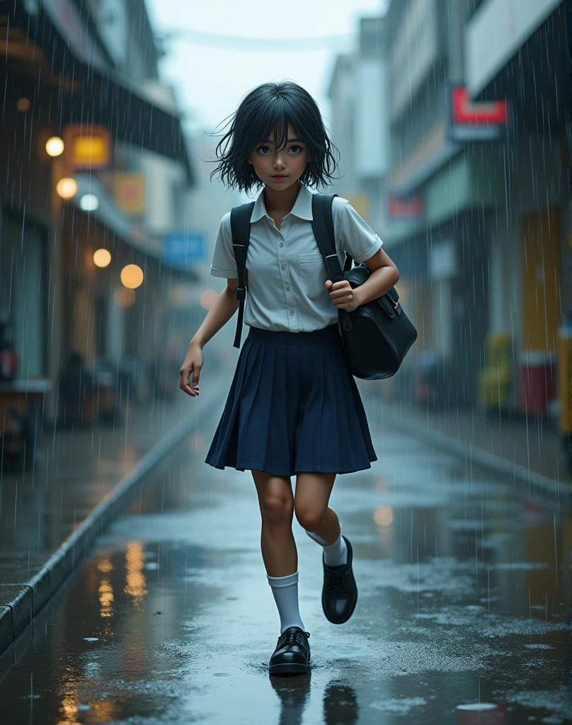 Girl under the sad rain at school