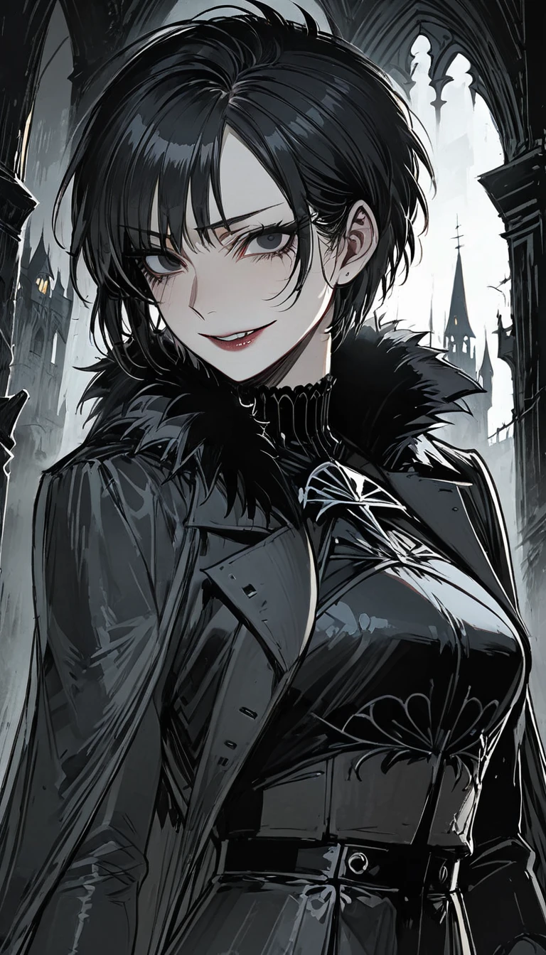 (ultra details, Masterpiece, best quality), ((masterpiece, best quality)), (illustration), (detailedLight), ((Extremely exquisite and beautiful)), score_9, score_8_up, score_7_up, mature woman, lithe woman, black hair, pale skin, black eyes, smirk, short hair, black overcoat, ((black coat)) ((black fur trim)), ((fur trim at the neck)), ((fur trim at the cloack)), black gloves, elegant boots, black fur cloack around shoulders, armored dress, elegant, ((gothic horror)), ((horror)), ((bloodborne)), Perfect Hands, ((gothic castle interior)), Gothic aesthetics, 