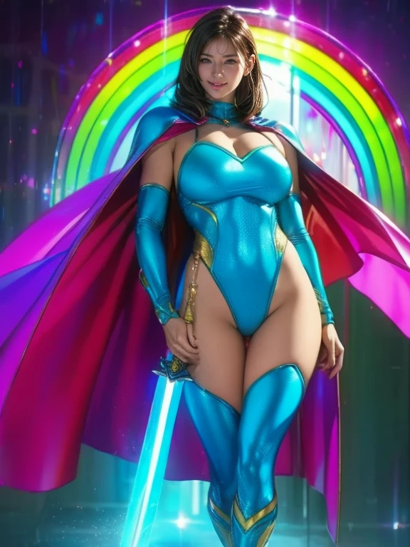  (8k), ( Redeem: 1.2), (Realistic), (Realistic: 1.37),  super high definition , 1 person, cute, smile,  beautiful details, narrow, (Large Breasts), RAINBOW CAPE , Rainbow Sword,  MARINE BLUE HEAVY ARMOR  ,  transparent  ,  SEXY MUSCULAR WOMAN BODY, whole body.length, Thin legs、Glowing Sword、whole body、 floating in the air  