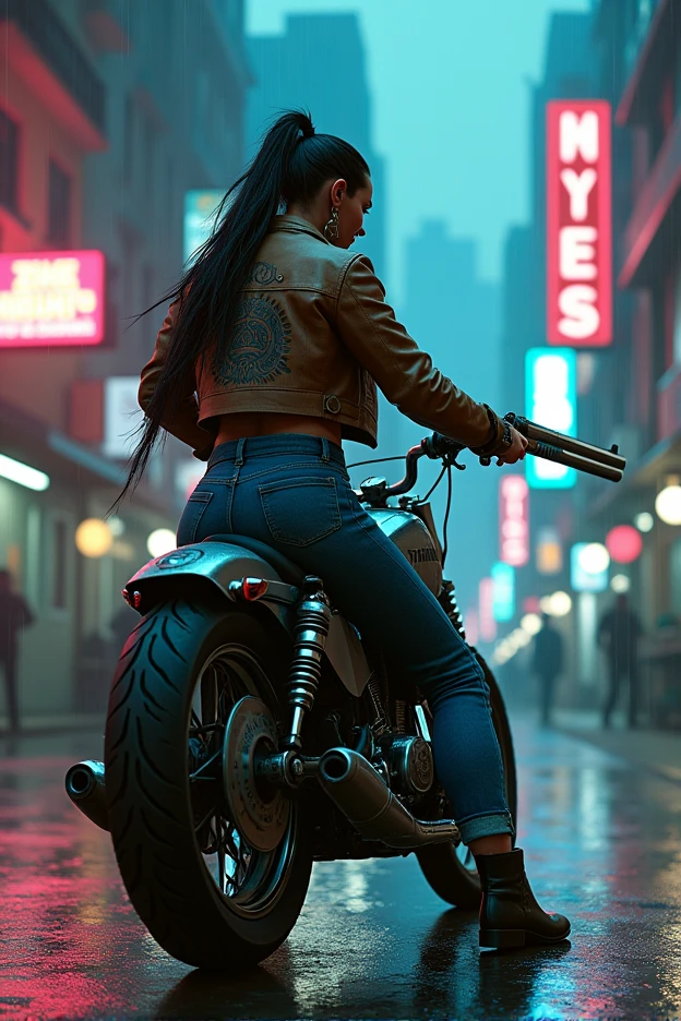1girl, dress, jacket, rain, ground vehicle, helmet, mecha, motor vehicle, motorcycle, on motorcycle, vehicle focus, wheel, night, road, street, rain, city, puddles, 8k, ultra realistic, lens flare, atmosphere, glow, detailed, intricate, full of colour, cinematic lighting, trending on artstation, 4k, hyperrealistic, focused, extreme details, unreal engine 5, cinematic, Masterpiece, best quality