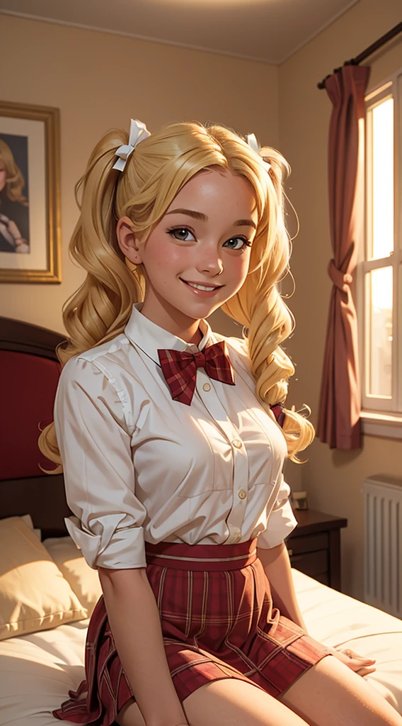 (masterpiece, best quality),1girl smiling with Blonde curly hair twin tails sitting in a bed of her bedroom in front of her bedroom, warm lighting, blurry foreground, plaid short skirt, a white blouse with a loose bow tie, 18 yo, small breasts, very cute