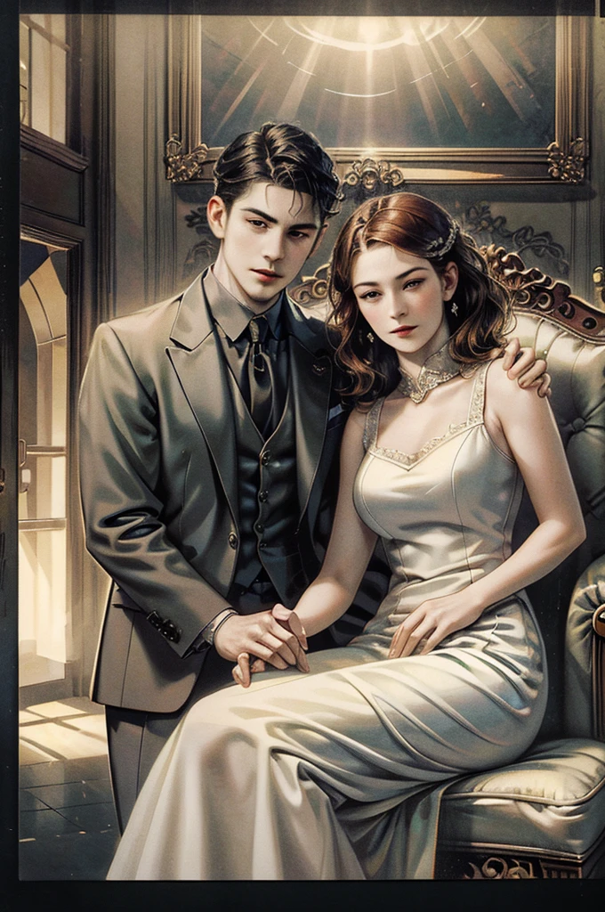 Family portrait, 2 parents and 3 s, auburn hair, fair skin, wearing formal attire,  (best quality,4k,8k,highres,masterpiece:1.2),ultra-detailed,(realistic,photorealistic,photo-realistic:1.37),hyperrealistic,dramatic lighting,cinematic composition,chiaroscuro,muted color palette,moody atmosphere