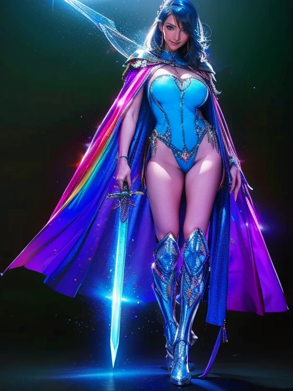  (8k), ( Redeem: 1.2), (Realistic), (Realistic: 1.37),  super high definition , 1 person, cute, smile,  beautiful details, narrow, (Large Breasts), RAINBOW CAPE , Rainbow Sword,  MARINE BLUE HEAVY ARMOR  ,  transparent  ,  SEXY MUSCULAR WOMAN BODY, whole body.length, Thin legs、Glowing Sword、whole body、 floating in the air  