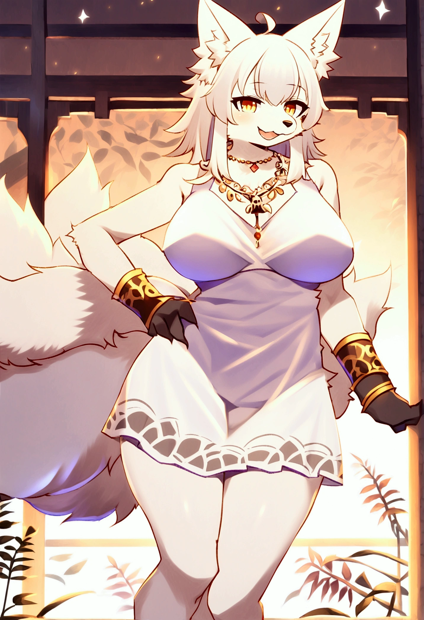 (top quality, best quality, Arumo, High-quality illustrations, masterpiece, perfect artwork, cinematic light and shading, 16k, 1080p, uploaded on e621)(kemono, furry, anthro, alone), 1 female, (very detailed body, face, tail, arms, hands, legs, hair, eyes and clothes), mythical kitsune, hunter body, wide hips, skull head, pure white fur, fluffy body, big breasts, multiple tail, kitsune ears, white hair, scars on body, perfect eyes, kitsune eyes, amber eyes, beautiful nightgown dress, beautiful legwear, beautiful gloves, kitsene jewelry, beautiful necklace, beautiful and breathtaking night in glowing wisteria shrine, wisteria leafs, body movement, body twitching, hand on hips, happy tail wag,