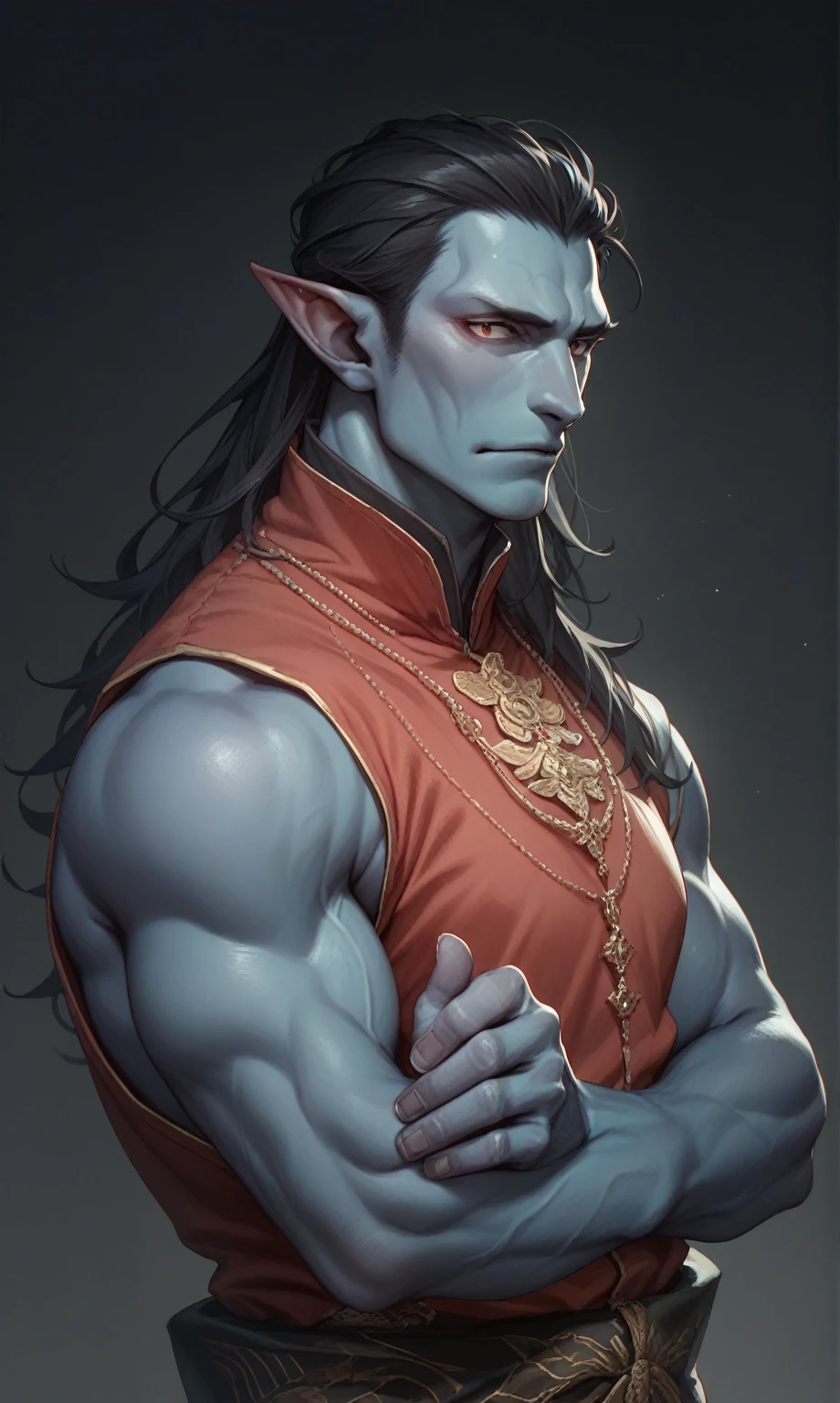 A handsome rakshasa of Indian mythology blue skin pointy ear long black hair shirtless muscular body  wearing red dhoti black background