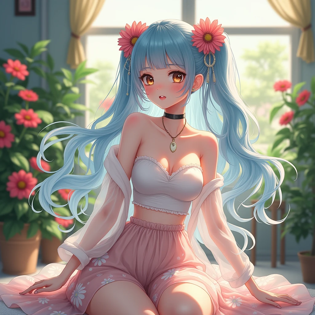 melancholy lighting, quiet, calm, brightness, masterpiece, best quality, 1girl, (JinxLol:1.2), (ultra photorealistic:1.3), (masterpiece:1.4), best quality, ((realistic)), high quality, ultra detailed, ((Real image)), ((realistic skin)), ((realistic face)),(illustration:1.05), (beautiful:1.05), (beautiful detailed eyes:1.05), (cinematic light:1.1), Full body, precise proportions, 18-year-old girl, skinny model lying on the grass, surrounding garden, tree shadow, BLUE hair fluttering in the wind, tulle, long legs, feet slightly open, buttocks, blush, shyness, collarbone, abdominals, double weave, beautiful and delicate face, fair skin, real skin, (face detail), pores, super high resolution, 8k, parameters Best quality, masterpiece, super high resolution, (Realistic 2.0), More details, detailed skin, transparent panties, wide smile, white teeth, voluminous BLUE hair, perfect and well designed eyes, girlfriend, beautiful, beautiful, flowers, studio lighting