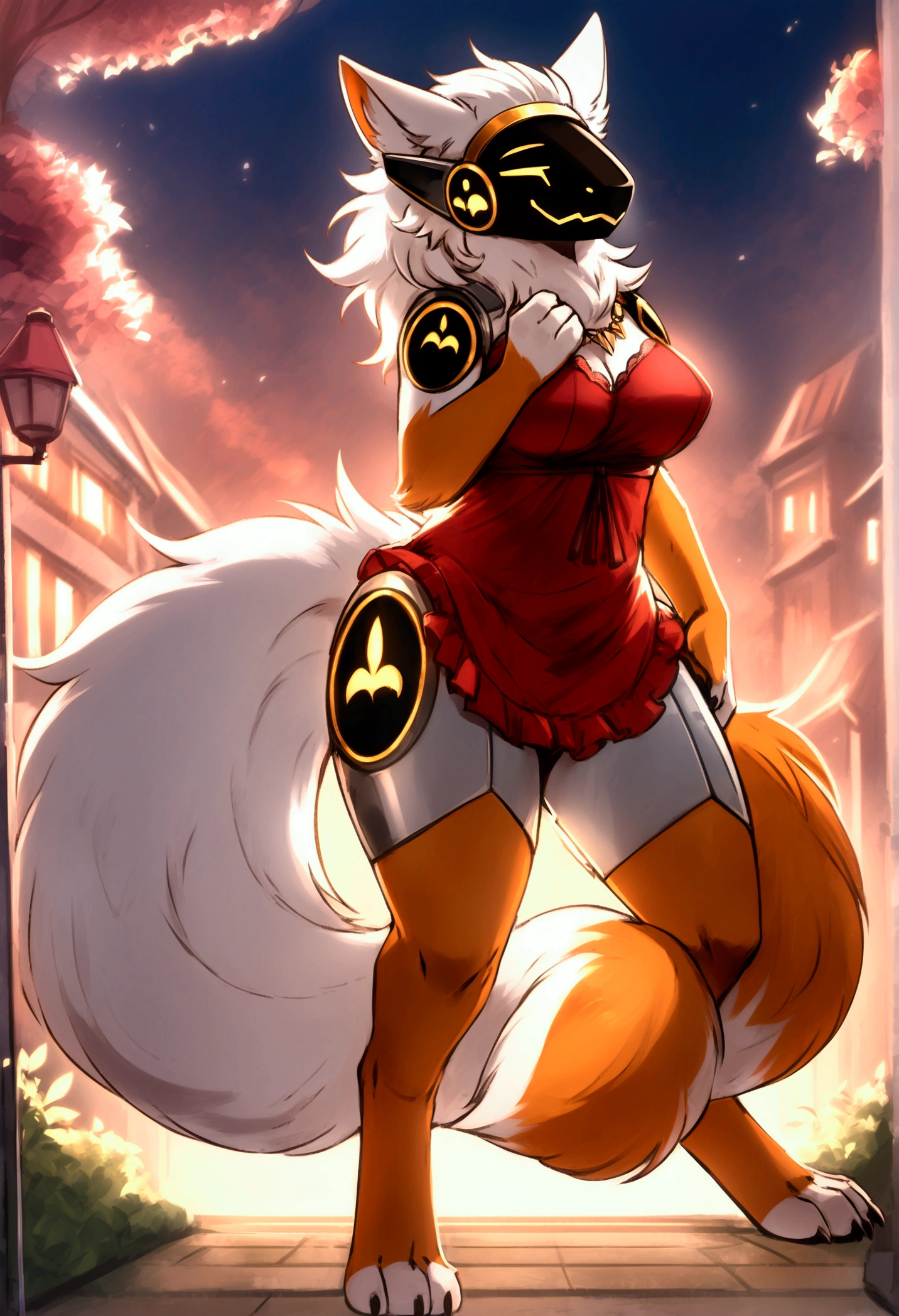 masterpiece, soft shading, 1boy, Furry, furry cat, anthropomorphic, male, red fur, red skin, blue eyes, magical girl theme, revealing clothes, blue magical girl outfit, sexy outfit, revealing outfit, femboy, fantasy city, uploaded on e621, bulge, standing