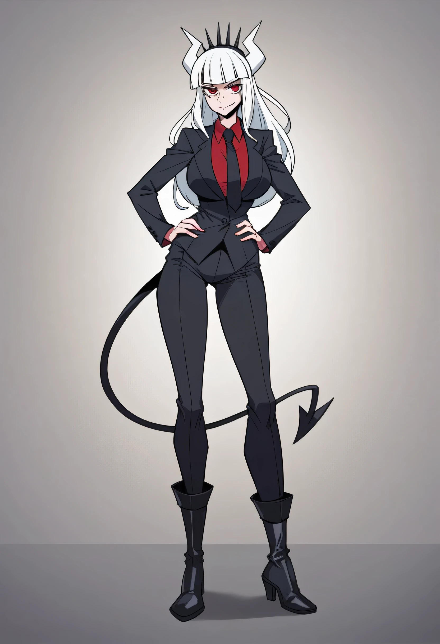 Masterpiece, Best quality, Masterpiece, Best quality, 1 woman , Lucifer (Helltaker) , Long white hair , Red eyes. , Sly face , Suit , กางเกงLong legs , Big Breasts , , abdomen , Long legs , Put your hands on your hips.. , Boots , Full body