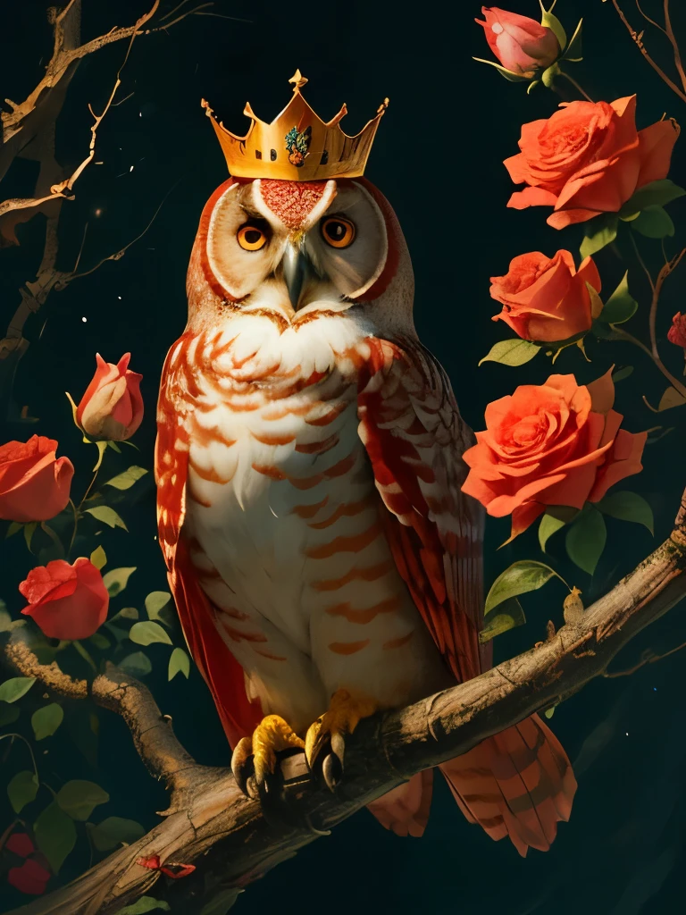 a red owl with a crown sits on a branch surrounded by roses, a detailed painting by Yang J, trending on cg society, baroque, radiant owl, detailed beautiful animals, glowing owl, cute owl, rich colour and detail, red and golden color details, rich red colors, gorgeous art, full of colors and rich detail, the wisest of all owls