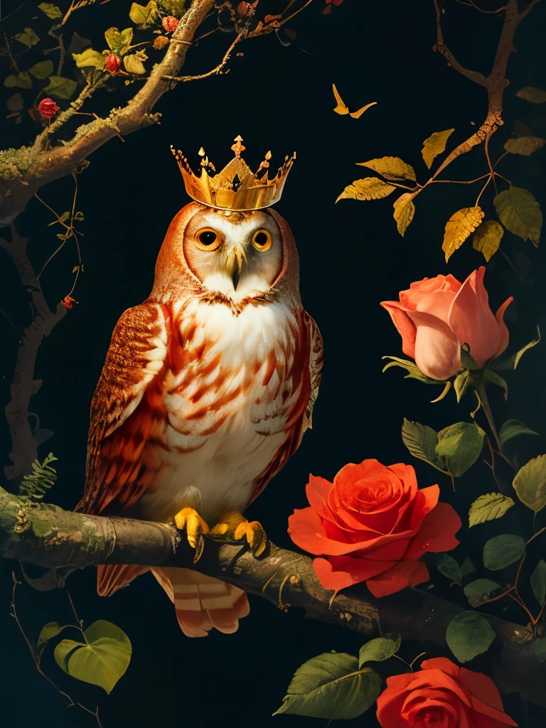 a red owl with a crown sits on a branch surrounded by roses, a detailed painting by Yang J, trending on cg society, baroque, radiant owl, detailed beautiful animals, glowing owl, cute owl, rich colour and detail, red and golden color details, rich red colors, gorgeous art, full of colors and rich detail, the wisest of all owls