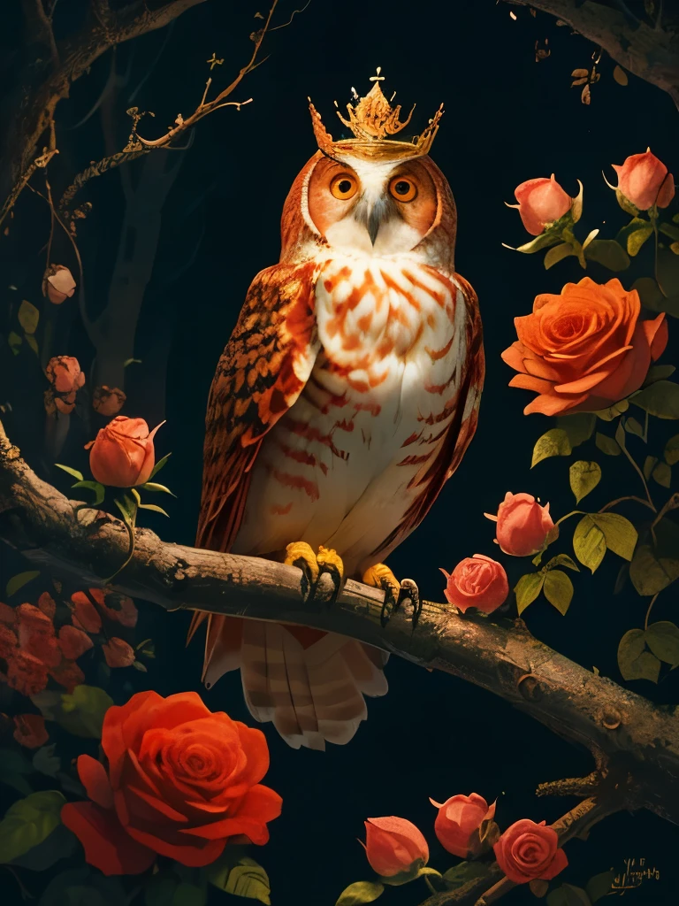 a red owl with a crown sits on a branch surrounded by roses, a detailed painting by Yang J, trending on cg society, baroque, radiant owl, detailed beautiful animals, glowing owl, cute owl, rich colour and detail, red and golden color details, rich red colors, gorgeous art, full of colors and rich detail, the wisest of all owls