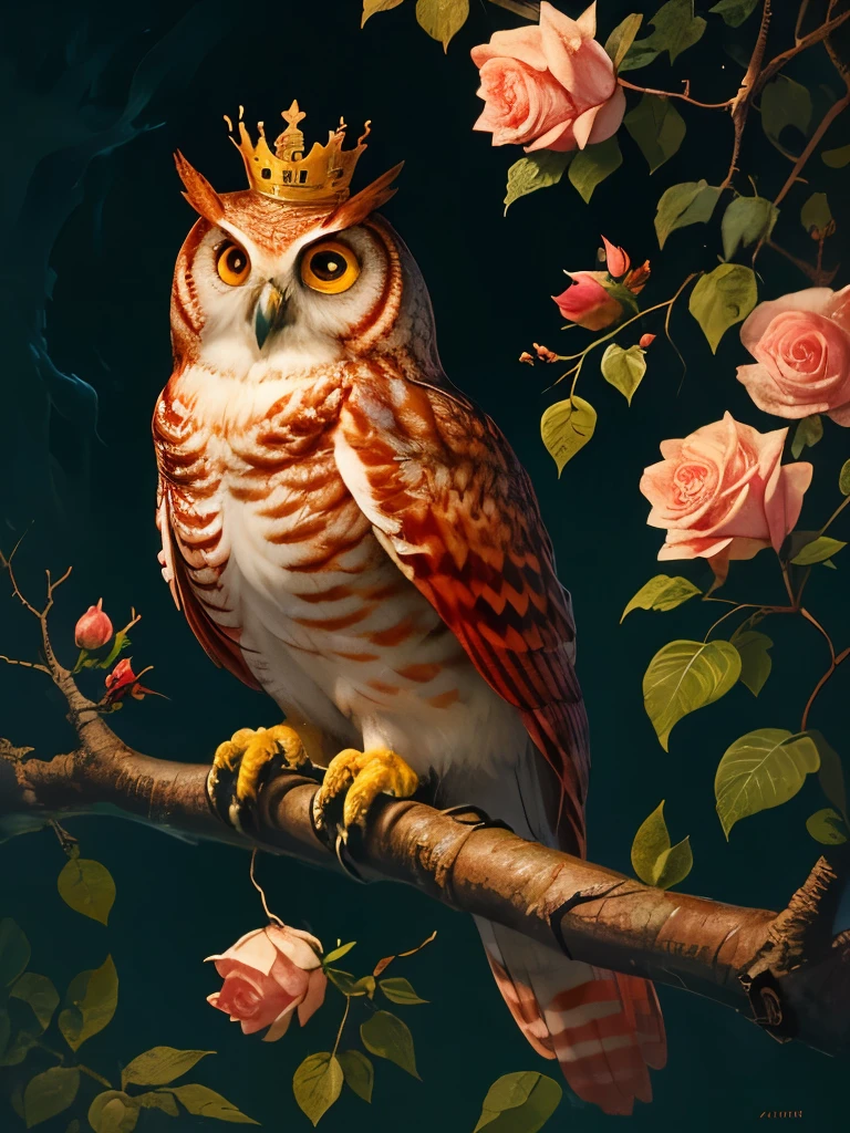 a red owl with a crown sits on a branch surrounded by roses, a detailed painting by Yang J, trending on cg society, baroque, radiant owl, detailed beautiful animals, glowing owl, cute owl, rich colour and detail, red and golden color details, rich red colors, gorgeous art, full of colors and rich detail, the wisest of all owls